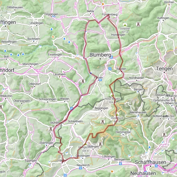 Miniatua del mapa de inspiración ciclista "Ruta extrema en grava desde Hallau" en Ostschweiz, Switzerland. Generado por Tarmacs.app planificador de rutas ciclistas
