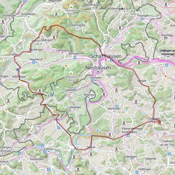 Miniatua del mapa de inspiración ciclista "Aventura en grava desde Hallau" en Ostschweiz, Switzerland. Generado por Tarmacs.app planificador de rutas ciclistas
