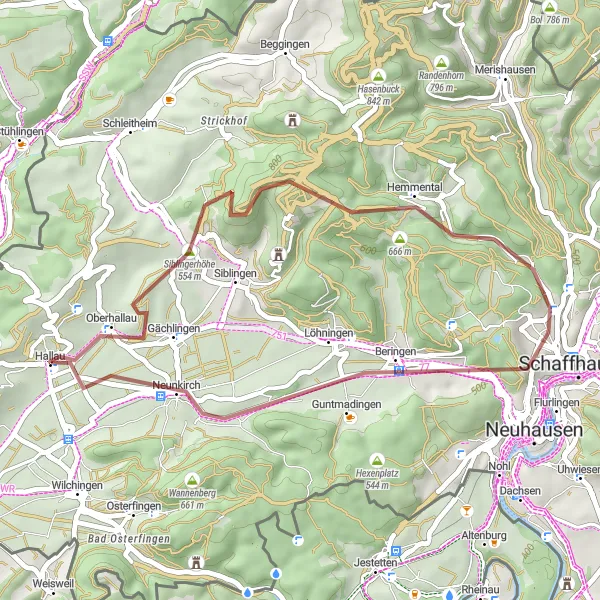 Map miniature of "Gächlingen Gravel Adventure" cycling inspiration in Ostschweiz, Switzerland. Generated by Tarmacs.app cycling route planner