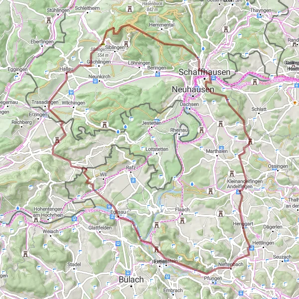 Map miniature of "Hallau - Gächlingen - Siblingerhöhe - Feuerthalen - Cholfirst - Neftenbach - Höhrain - Eglisau - Hornbuck - Trasadingen" cycling inspiration in Ostschweiz, Switzerland. Generated by Tarmacs.app cycling route planner