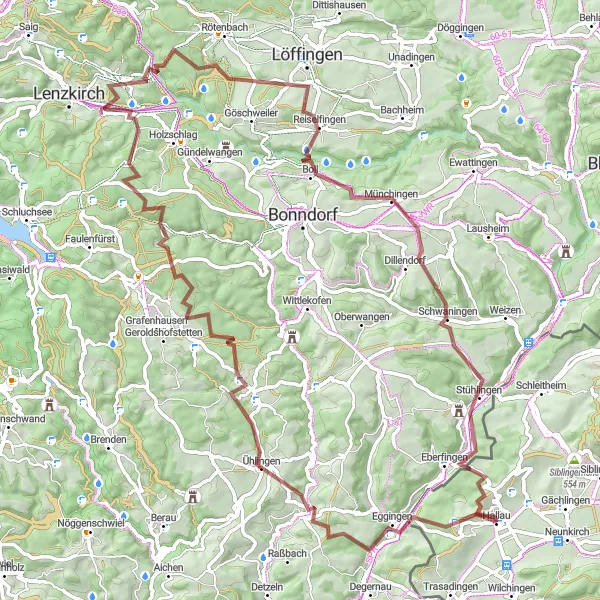Miniaturekort af cykelinspirationen "Grusvejscykelrute gennem skovområder og landsbyer" i Ostschweiz, Switzerland. Genereret af Tarmacs.app cykelruteplanlægger