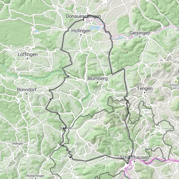 Miniatuurkaart van de fietsinspiratie "Rondrit vanaf Hallau naar Schaffhausen en Donaueschingen" in Ostschweiz, Switzerland. Gemaakt door de Tarmacs.app fietsrouteplanner