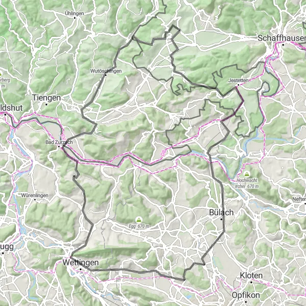 Miniatua del mapa de inspiración ciclista "Ruta de ciclismo en carretera por Lottstetten y Wutöschingen" en Ostschweiz, Switzerland. Generado por Tarmacs.app planificador de rutas ciclistas