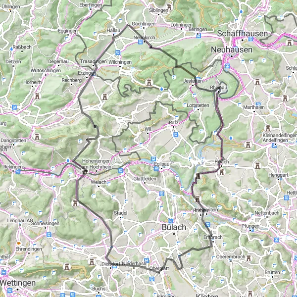 Map miniature of "Hallau - Jestetten - Berg am Irchel - Hochwacht Irchel - Embrach - Kaiserstuhl - Kalter Wangen - Hallau" cycling inspiration in Ostschweiz, Switzerland. Generated by Tarmacs.app cycling route planner