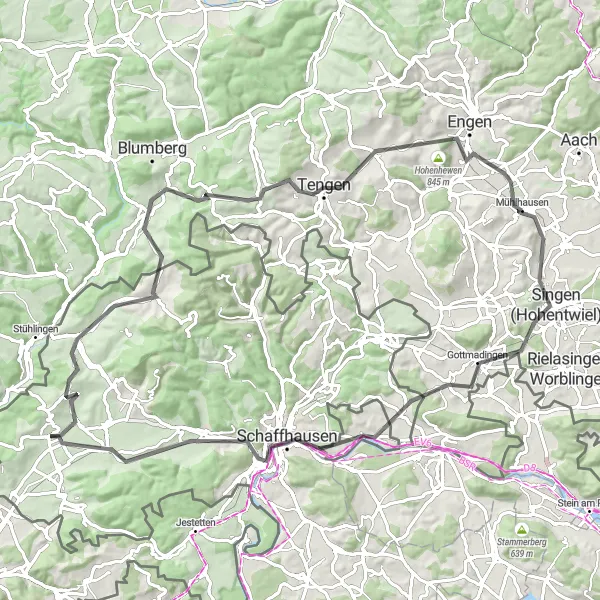 Mapa miniatúra "Trasa cez Schaffhausen a Hohentwiel" cyklistická inšpirácia v Ostschweiz, Switzerland. Vygenerované cyklistickým plánovačom trás Tarmacs.app