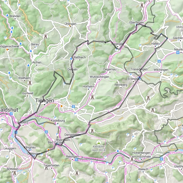 Karttaminiaatyyri "Road cycling loop from Hallau via Koblenz, Eggingen and Vitibuckturm" pyöräilyinspiraatiosta alueella Ostschweiz, Switzerland. Luotu Tarmacs.app pyöräilyreittisuunnittelijalla