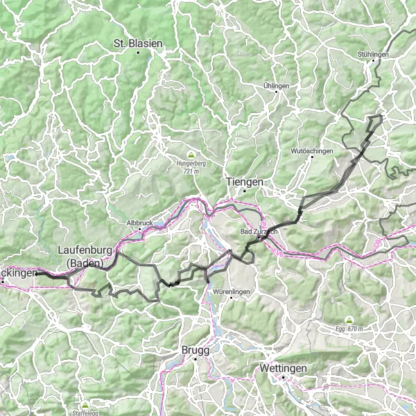 Miniatura della mappa di ispirazione al ciclismo "Challenging Tour of Northern Switzerland" nella regione di Ostschweiz, Switzerland. Generata da Tarmacs.app, pianificatore di rotte ciclistiche