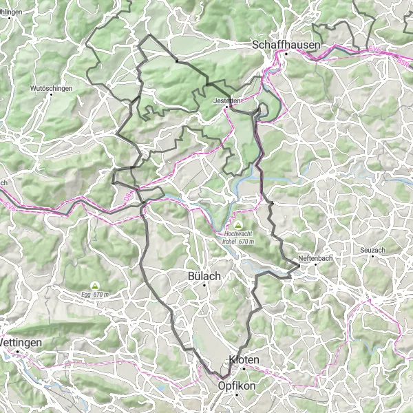 Mapa miniatúra "Trasa do Hallau cez Jestetten a Kloten" cyklistická inšpirácia v Ostschweiz, Switzerland. Vygenerované cyklistickým plánovačom trás Tarmacs.app