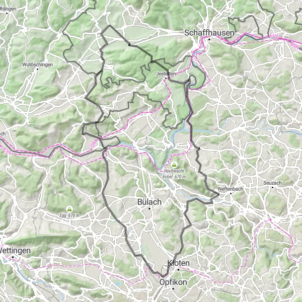 Karttaminiaatyyri "Hallau - Wasterkingen - Hornbuck - Butzenbüel - Kloten - Dättlikon - Aussichtsturm Irchel - Jestetten" pyöräilyinspiraatiosta alueella Ostschweiz, Switzerland. Luotu Tarmacs.app pyöräilyreittisuunnittelijalla