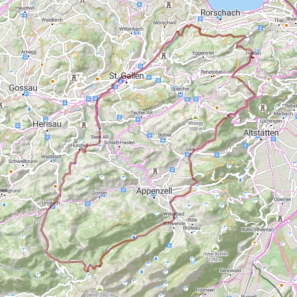 Miniature de la carte de l'inspiration cycliste "Aventure gravel à travers St. Gallen" dans la Ostschweiz, Switzerland. Générée par le planificateur d'itinéraire cycliste Tarmacs.app