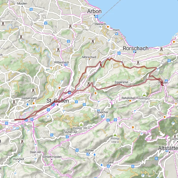 Miniatura della mappa di ispirazione al ciclismo "Esplorazione in gravel a Heiden" nella regione di Ostschweiz, Switzerland. Generata da Tarmacs.app, pianificatore di rotte ciclistiche