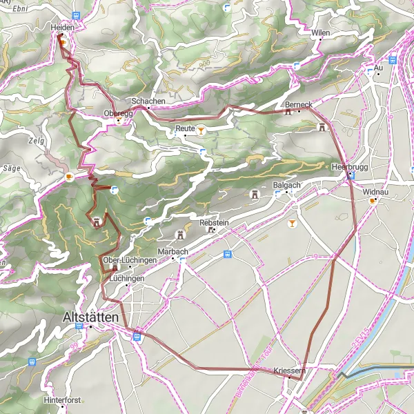 Miniatura della mappa di ispirazione al ciclismo "Giro in bicicletta fuori strada vicino a Heiden" nella regione di Ostschweiz, Switzerland. Generata da Tarmacs.app, pianificatore di rotte ciclistiche
