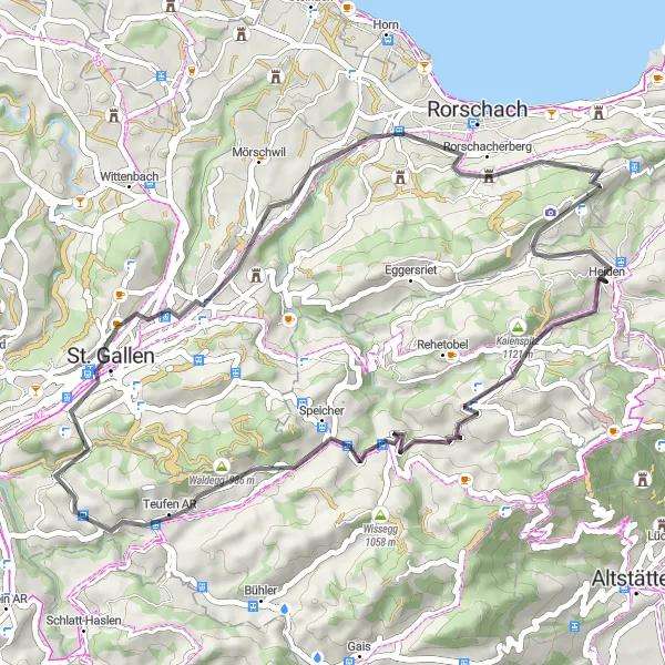 Miniatua del mapa de inspiración ciclista "Recorrido escénico en bici de carretera por Trogen y Riethüsli" en Ostschweiz, Switzerland. Generado por Tarmacs.app planificador de rutas ciclistas