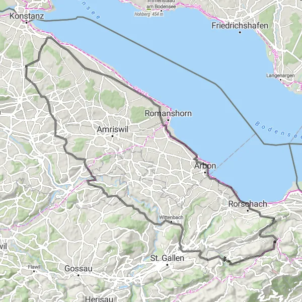 Zemljevid v pomanjšavi "Cikel od Heidena do Rorschacha" kolesarske inspiracije v Ostschweiz, Switzerland. Generirano z načrtovalcem kolesarskih poti Tarmacs.app