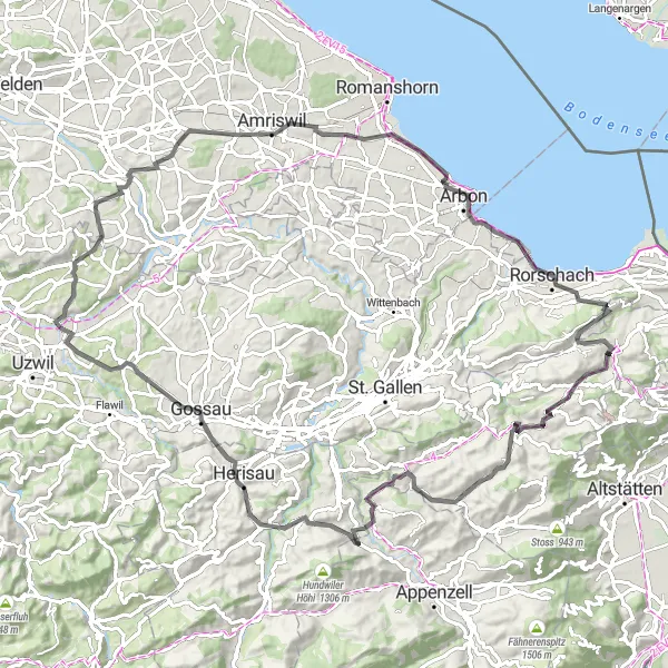 Miniature de la carte de l'inspiration cycliste "Escapade cycliste de Heiden à Gewerbeturm Amriswil" dans la Ostschweiz, Switzerland. Générée par le planificateur d'itinéraire cycliste Tarmacs.app