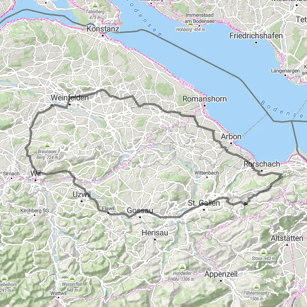 Miniaturní mapa "Cyklistická stezka okolo Ostschweiz" inspirace pro cyklisty v oblasti Ostschweiz, Switzerland. Vytvořeno pomocí plánovače tras Tarmacs.app
