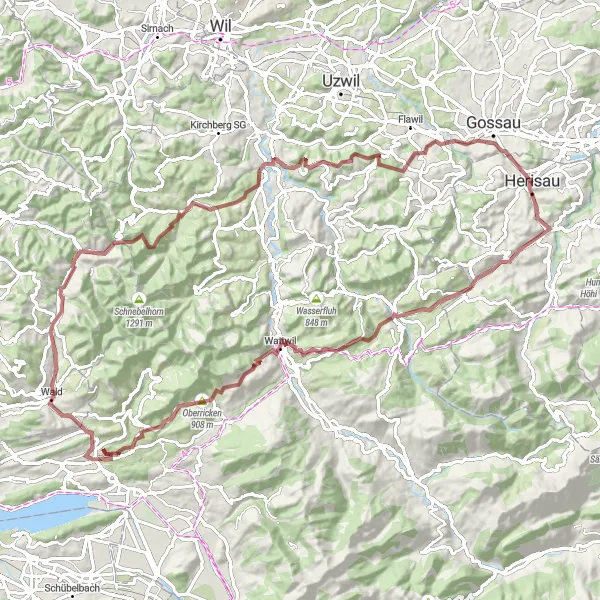 Miniatuurkaart van de fietsinspiratie "Avontuurlijk gravel-fietsen naar Nieschberg, Wattwil en Chatzenböl" in Ostschweiz, Switzerland. Gemaakt door de Tarmacs.app fietsrouteplanner