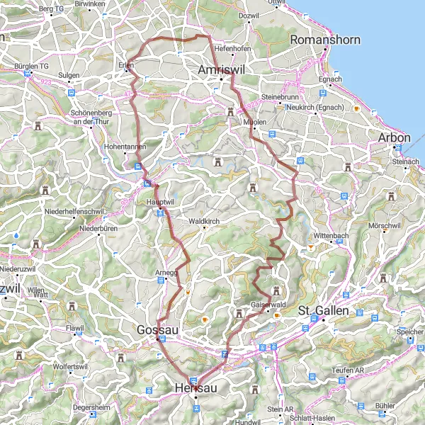 Mapa miniatúra "Gravelová cesta okolo Herisau - dĺžka: 61 km" cyklistická inšpirácia v Ostschweiz, Switzerland. Vygenerované cyklistickým plánovačom trás Tarmacs.app