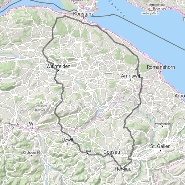 Miniatura della mappa di ispirazione al ciclismo "Giro in bicicletta da Herisau a Flawil e oltre" nella regione di Ostschweiz, Switzerland. Generata da Tarmacs.app, pianificatore di rotte ciclistiche