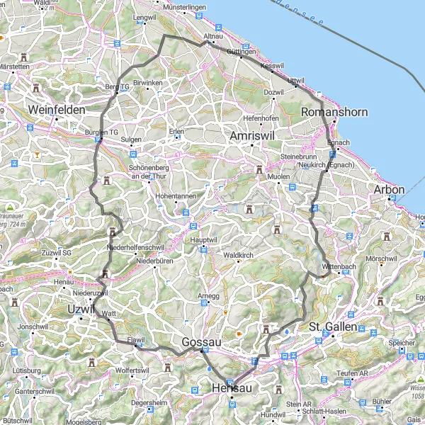 Miniature de la carte de l'inspiration cycliste "La boucle de Bürglen et Uttwil" dans la Ostschweiz, Switzerland. Générée par le planificateur d'itinéraire cycliste Tarmacs.app