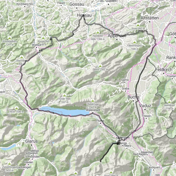 Miniatura della mappa di ispirazione al ciclismo "Avventura ciclistica attraverso la Valle del Reno" nella regione di Ostschweiz, Switzerland. Generata da Tarmacs.app, pianificatore di rotte ciclistiche