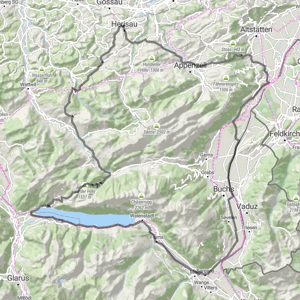 Karten-Miniaturansicht der Radinspiration "Rennradtour Herisau-Aussichtspunkt Reservoir-Hoher Hirschberg-Burg Blatten-Sennwald-Major-Trübbach-Raischibe-Mols-Mühlehorn-Walensee-Amden-Vorder Höhi-Eggli-Hemberg-Schwellbrunn" in Ostschweiz, Switzerland. Erstellt vom Tarmacs.app-Routenplaner für Radtouren