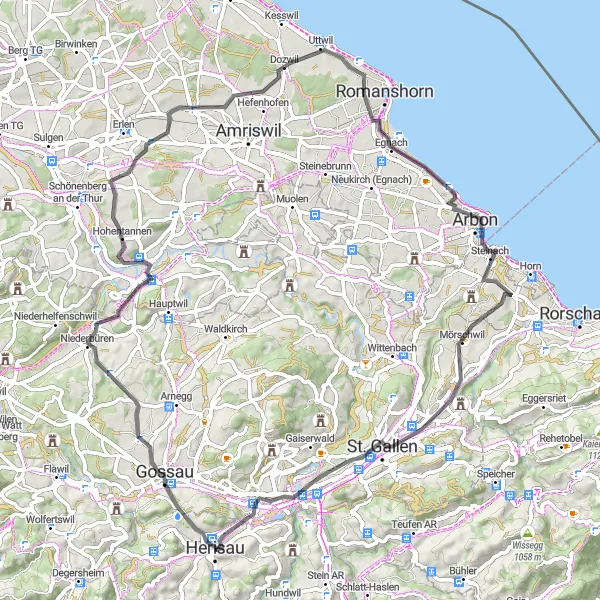Karttaminiaatyyri "Road Cycling Tour of Eastern Switzerland" pyöräilyinspiraatiosta alueella Ostschweiz, Switzerland. Luotu Tarmacs.app pyöräilyreittisuunnittelijalla