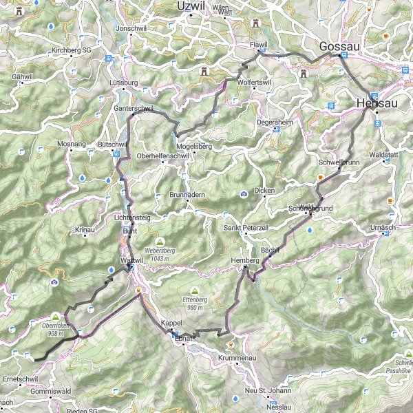 Miniatura della mappa di ispirazione al ciclismo "Avventura in bicicletta tra Herisau e Dietfurt" nella regione di Ostschweiz, Switzerland. Generata da Tarmacs.app, pianificatore di rotte ciclistiche
