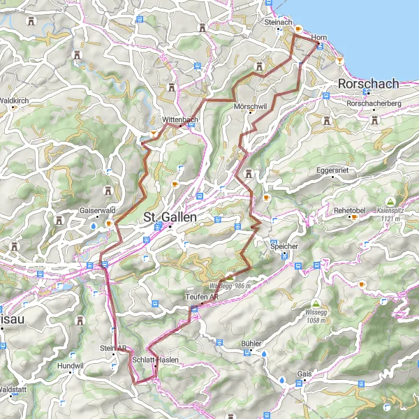 Karttaminiaatyyri "Mörschwil - Steinach Gravel Adventure" pyöräilyinspiraatiosta alueella Ostschweiz, Switzerland. Luotu Tarmacs.app pyöräilyreittisuunnittelijalla