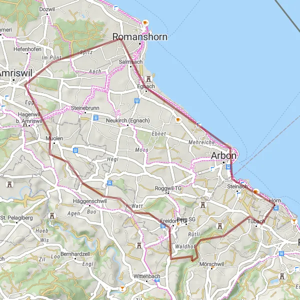 Miniatura della mappa di ispirazione al ciclismo "Giro in bicicletta su sterrato da Horn ad Arbon" nella regione di Ostschweiz, Switzerland. Generata da Tarmacs.app, pianificatore di rotte ciclistiche