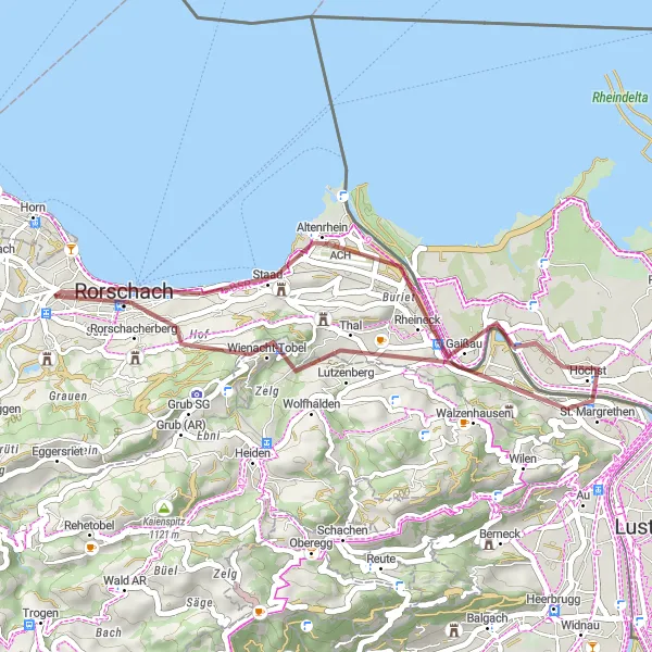 Miniatura della mappa di ispirazione al ciclismo "Esplora la natura selvaggia di Rorschach" nella regione di Ostschweiz, Switzerland. Generata da Tarmacs.app, pianificatore di rotte ciclistiche