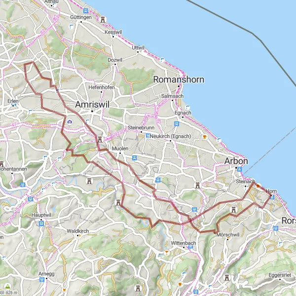 Zemljevid v pomanjšavi "Ruralna kolesarska pot okoli Horna" kolesarske inspiracije v Ostschweiz, Switzerland. Generirano z načrtovalcem kolesarskih poti Tarmacs.app