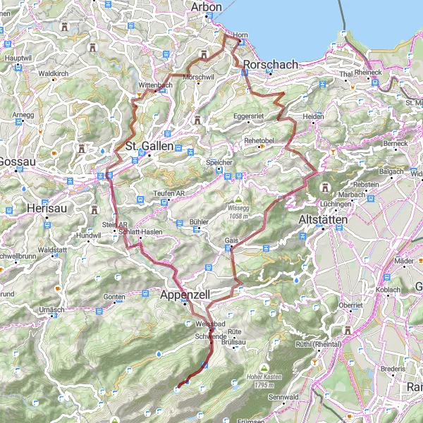 Zemljevid v pomanjšavi "Gravel avantura skozi švicarsko pokrajino" kolesarske inspiracije v Ostschweiz, Switzerland. Generirano z načrtovalcem kolesarskih poti Tarmacs.app