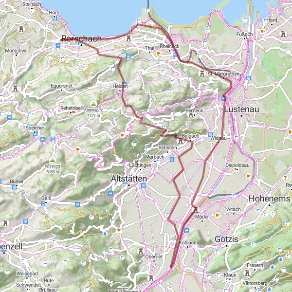 Miniatua del mapa de inspiración ciclista "Ruta de Grava Rorschach-St. Margrethen-Widnau-Kadel-Balgach-Oberegg-Dunantplatz-Rorschacherberg" en Ostschweiz, Switzerland. Generado por Tarmacs.app planificador de rutas ciclistas