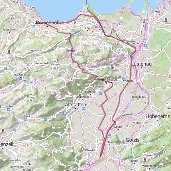 Miniature de la carte de l'inspiration cycliste "Escapade nature du lac de Constance" dans la Ostschweiz, Switzerland. Générée par le planificateur d'itinéraire cycliste Tarmacs.app