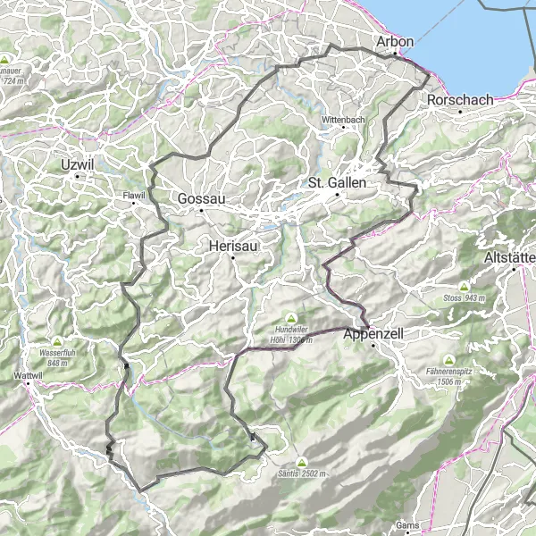 Kartminiatyr av "Rundresa till Arbon via Speicher och Eggli" cykelinspiration i Ostschweiz, Switzerland. Genererad av Tarmacs.app cykelruttplanerare