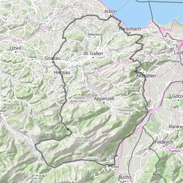 Miniaturní mapa "Okružní cyklistická trasa kolem Hornu" inspirace pro cyklisty v oblasti Ostschweiz, Switzerland. Vytvořeno pomocí plánovače tras Tarmacs.app