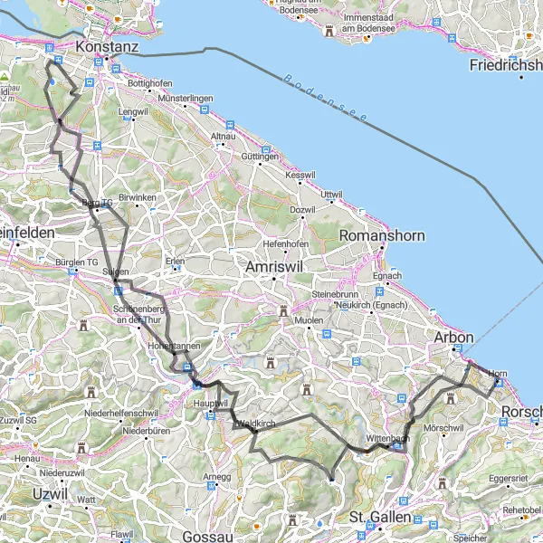 Miniatua del mapa de inspiración ciclista "Ruta en Carretera por Wittenbach y Berg SG" en Ostschweiz, Switzerland. Generado por Tarmacs.app planificador de rutas ciclistas