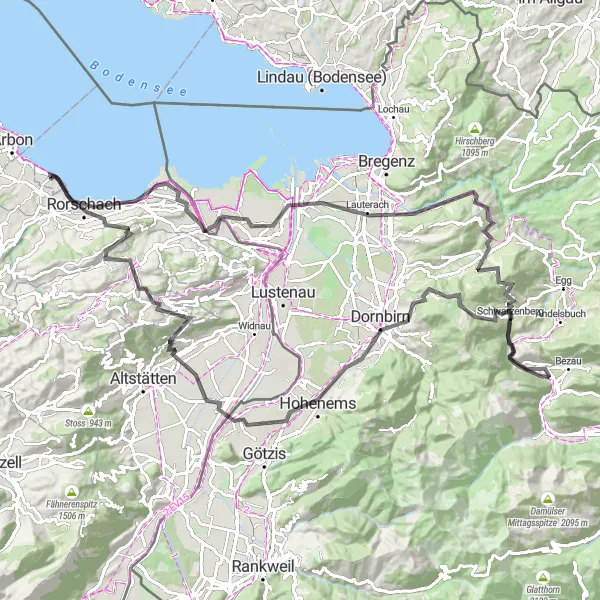 Miniature de la carte de l'inspiration cycliste "Tour des Alpes Rhénanes" dans la Ostschweiz, Switzerland. Générée par le planificateur d'itinéraire cycliste Tarmacs.app