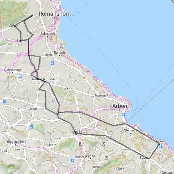 Miniatura della mappa di ispirazione al ciclismo "Breve giro in bicicletta da Tübach ad Arbon" nella regione di Ostschweiz, Switzerland. Generata da Tarmacs.app, pianificatore di rotte ciclistiche