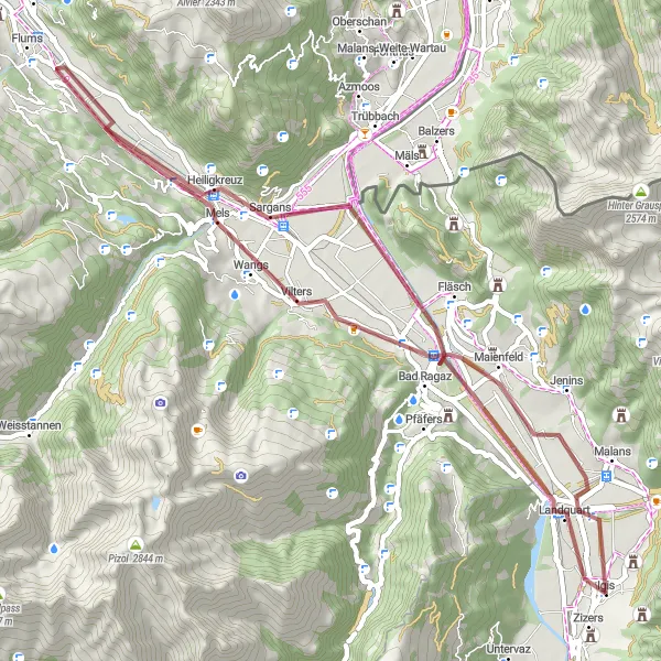 Miniatua del mapa de inspiración ciclista "Ruta de Grava a través de Mels y Bad Ragaz" en Ostschweiz, Switzerland. Generado por Tarmacs.app planificador de rutas ciclistas