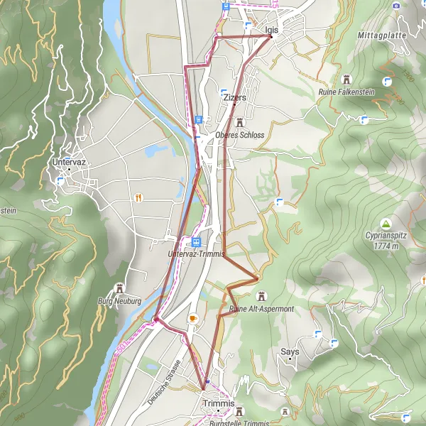 Miniatura della mappa di ispirazione al ciclismo "Il Giro Gravel di Zizers" nella regione di Ostschweiz, Switzerland. Generata da Tarmacs.app, pianificatore di rotte ciclistiche