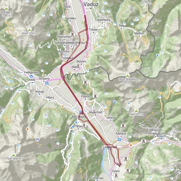 Map miniature of "The Landquart Gravel Route" cycling inspiration in Ostschweiz, Switzerland. Generated by Tarmacs.app cycling route planner