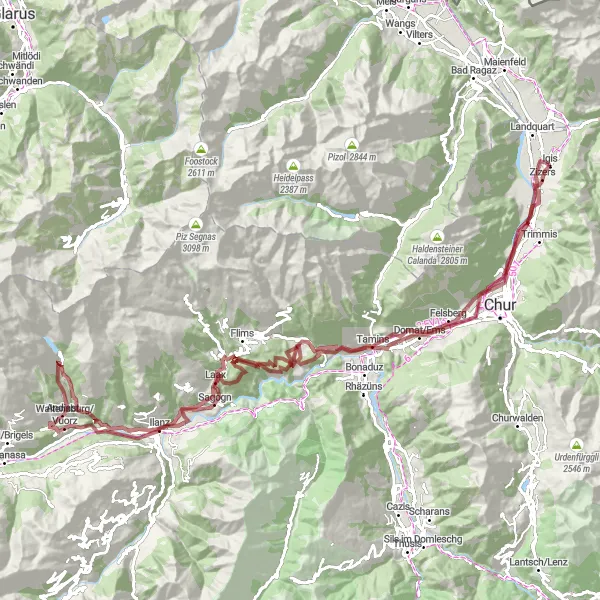 Karttaminiaatyyri "Vuoriston maastopyöräilyreitti Igisin lähellä" pyöräilyinspiraatiosta alueella Ostschweiz, Switzerland. Luotu Tarmacs.app pyöräilyreittisuunnittelijalla