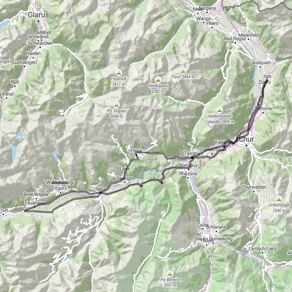Miniatua del mapa de inspiración ciclista "Ruta de Ciclismo de Carretera a través de Haldenstein y Laax" en Ostschweiz, Switzerland. Generado por Tarmacs.app planificador de rutas ciclistas