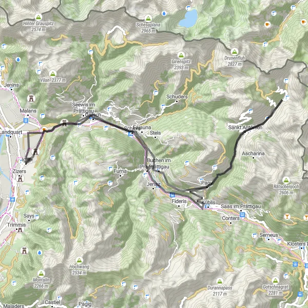 Kartminiatyr av "Veitripp gjennom sjarmerende byer ved Grüsch" sykkelinspirasjon i Ostschweiz, Switzerland. Generert av Tarmacs.app sykkelrutoplanlegger