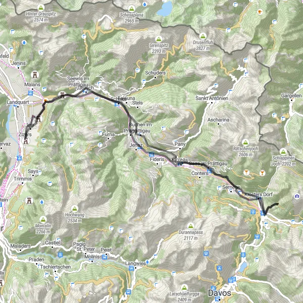 Map miniature of "Schiers Explorer" cycling inspiration in Ostschweiz, Switzerland. Generated by Tarmacs.app cycling route planner