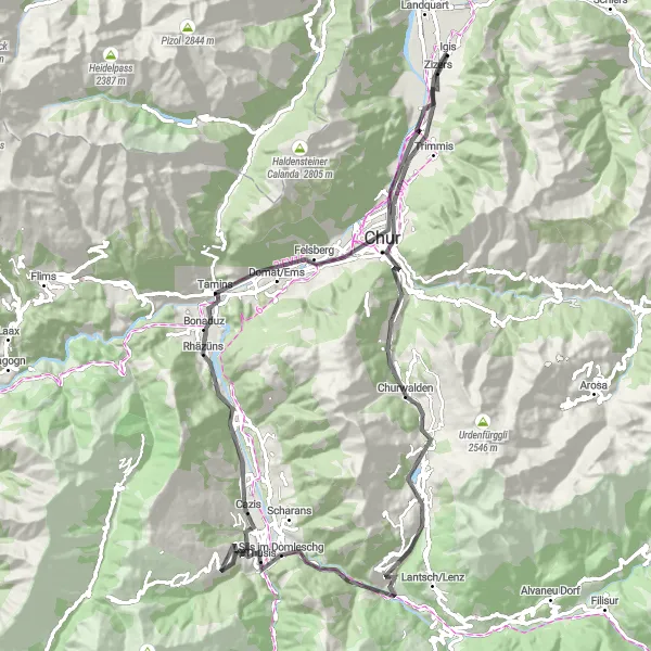 Map miniature of "The Flims-Lenzerheide Loop" cycling inspiration in Ostschweiz, Switzerland. Generated by Tarmacs.app cycling route planner