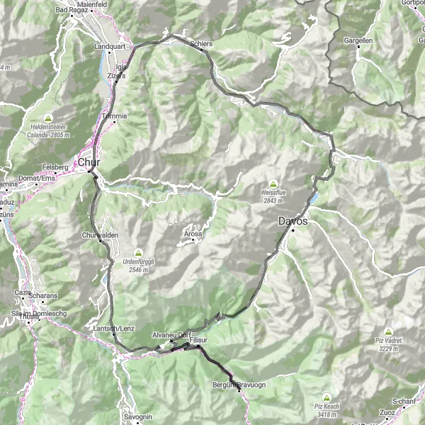 Miniaturní mapa "Silniční trasa Haupt-Grüsch-Klosters Dorf-Wolfgangpass-Davos-Sicht auf Wiesner Viadukt-Alvaneu Dorf-Filisur-Lantsch/Lenz-Chur-Zizers" inspirace pro cyklisty v oblasti Ostschweiz, Switzerland. Vytvořeno pomocí plánovače tras Tarmacs.app