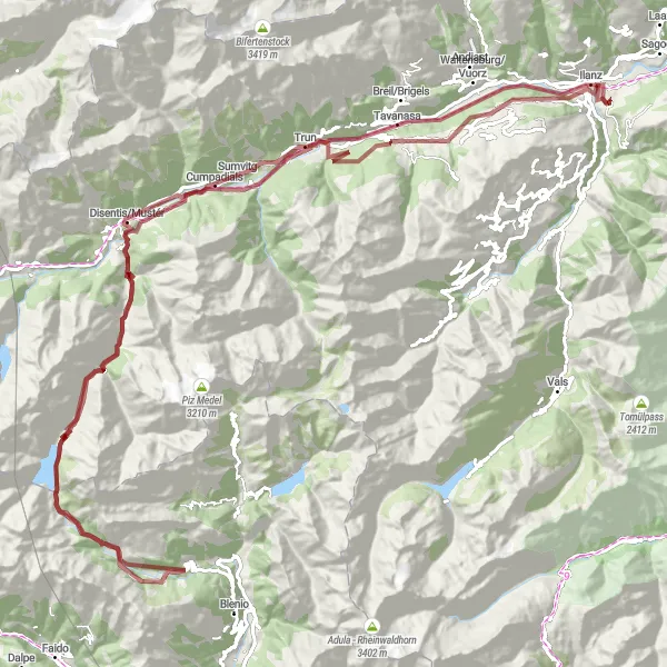 Miniaturekort af cykelinspirationen "Grusvej cykelrute via Passo del Lucomagno" i Ostschweiz, Switzerland. Genereret af Tarmacs.app cykelruteplanlægger